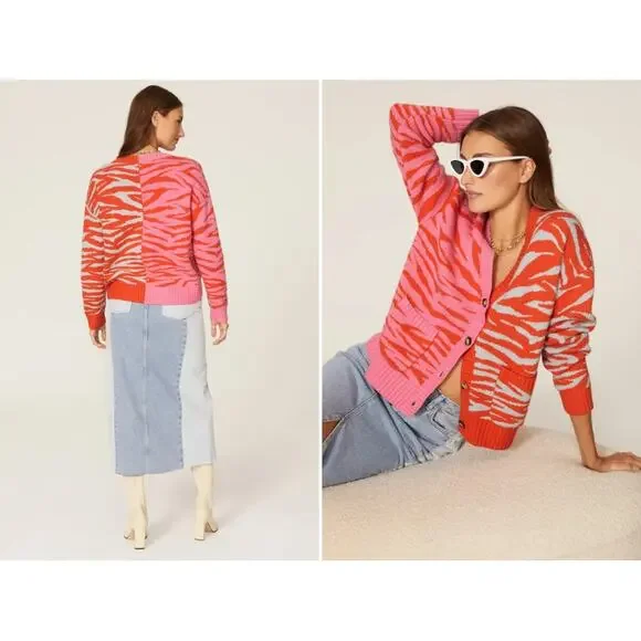 Rachel Antonoff Colorblocked Cori Zebra Print Cardigan (Medium) - Picture 5 of 6